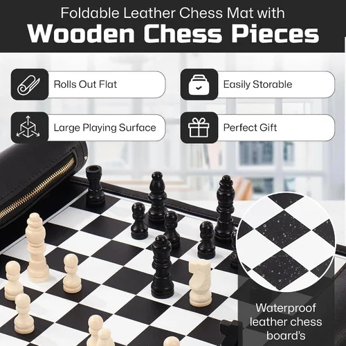 Miniatura 2 de Juego de ajedrez enrollable, tapete de ajedrez plegable de cuero de 11 pulgadas con piezas de ajedrez de madera, juego de ajedrez de viaje portátil