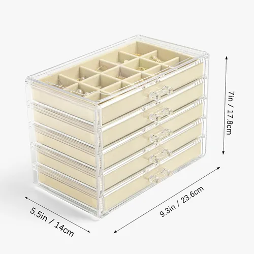 Miniatura 5 de KAMIER Caja organizadora de aretes con 5 cajones, caja organizadora de joyas de acrílico transparente para mujeres, juego de 20 bolsas de joyería