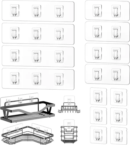 Miniatura 9 de Paquete de 4 adhesivos de repuesto para estante de ducha, ganchos adhesivos transparentes sin perforación con pegatinas, tira de gancho de pared