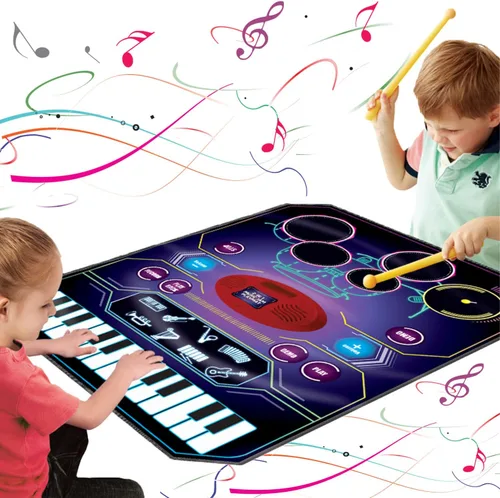 Juguetes de aprendizaje musical 2 en 1 para niños y niñas, juego de batería + alfombrilla de piano | Grabación y reproducción, canciones