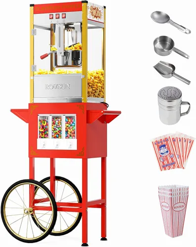 Miniatura 10 de Máquina de palomitas de maíz ROVSUN con carrito, ruedas y hervidor de 8 oz, hace hasta 32 tazas, certificada ETL, máquina de palomitas de maíz