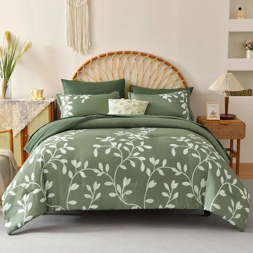 Miniatura 2 de Juego de edredón tamaño King – Juego de edredón de 7 piezas con estampado botánico floral en verde con sábanas, juego de ropa de cama de microfibra