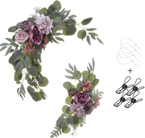 Miniatura 7 de Botín de flores artificiales rojas (juego de 2) para letrero de bienvenida, arco de boda, decoración floral, decoración de boda, ceremonia, Borgoña
