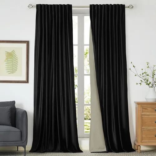 Miniatura 29 de Cortinas opacas de terciopelo dorado de 108 pulgadas para sala de estar, totalmente opacas, elegantes, 2 paneles con pestaña trasera, aislamiento