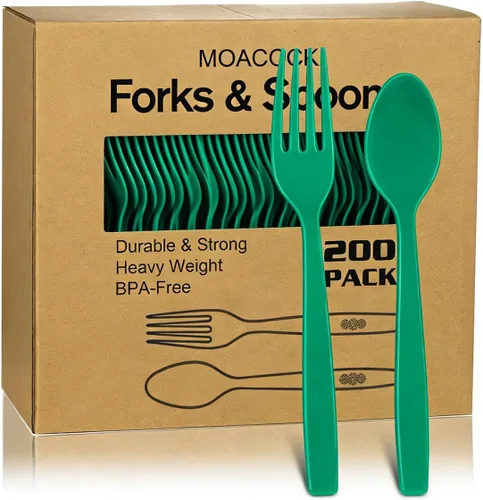 Miniatura 12 de MOACOCK 200 piezas de cubiertos de plástico negro plateado, tenedores y cucharas de plástico de peso pesado, juego de utensilios desechables