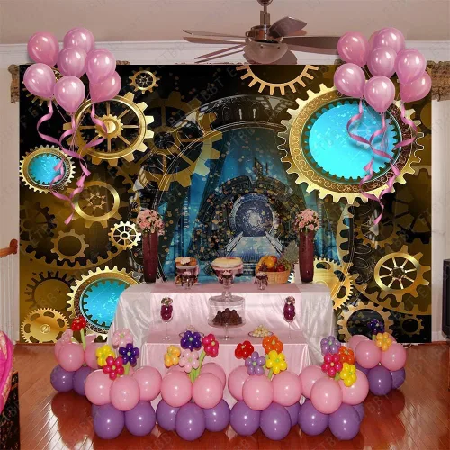 Miniatura 4 de Telón de fondo antiguo steampunk, vinilo de 5 x 3 pies, equipo industrial de fotografía de metal, cadena de nostalgia, accesorios de estudio