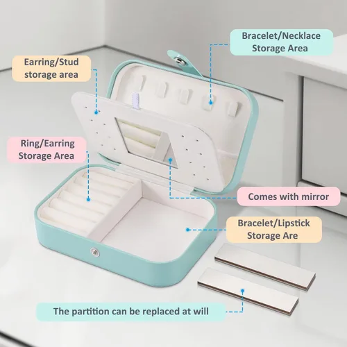 Miniatura 3 de AONCO Joyero, caja de almacenamiento portátil de joyería de viaje, caja de joyería pequeña para mujer, caja de almacenamiento de aretes con espejo