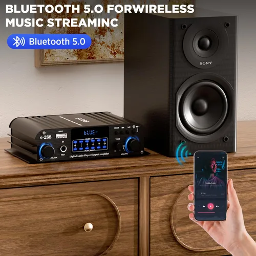 Miniatura 5 de Amplificador de Audio para el Hogar de 1200W, 4 Canales, Amplificador Pequeño Bluetooth5.0, RMS 45Wx4, Potencia Pico 300W*4, Receptor Estéreo