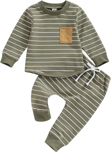 Miniatura 126 de Ropa de bebé niño 3 6 9 12 18 24M 3T Conjunto de pantalones con capucha patchwork sudadera con capucha pantalones de rayas traje de otoño invierno