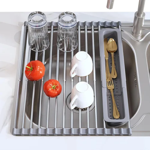 Miniatura 15 de JASIWAY - Escurridor extensible de acero inoxidable para usar sobre fregadero, encimera de cocina y dentro del fregadero, con portautensilios