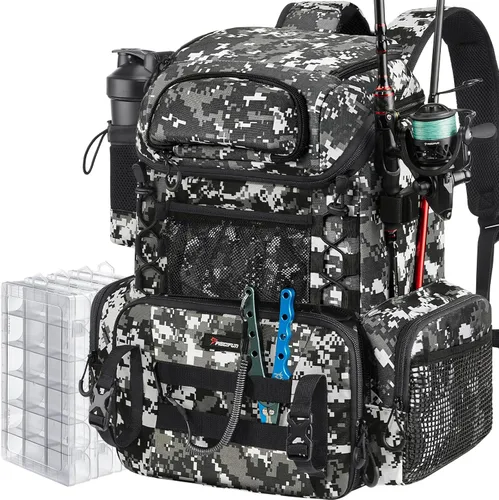 Piscifun Mochila de aparejos de pesca con soportes para caña y 4 cajas de aparejos, bolsa de pesca al aire libre de 42L con cubierta impermeable