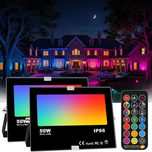 HEKEE Luz de inundación LED RGB de 50 W, modo estroboscópico personalizado que cambia de color al aire libre, iluminación de paisaje de escenario,