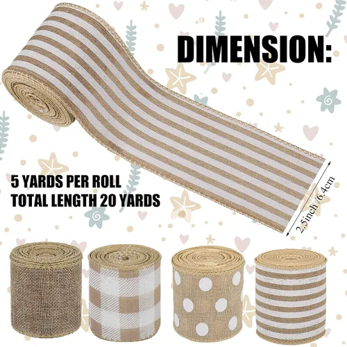 Miniatura 2 de 4 rollos de cinta de tela de arpillera con alambre de arpillera con borde de cinta de punto blanco a rayas de cuadros de cinta rústica de granja