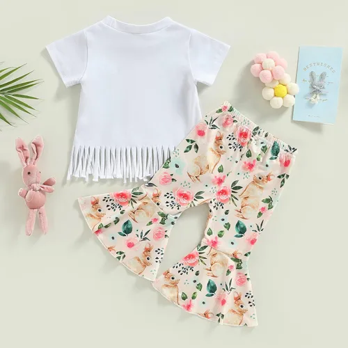 Miniatura 6 de Conjunto de Pascua para bebé, niña, conejo, manga corta, con borlas, camiseta de verano