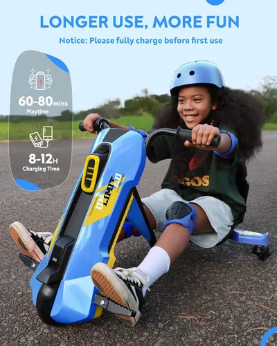 Miniatura 3 de Go Kart eléctrico para niños de 6 a 12 años, cambio de carrito de deriva de 12 V, giro de 360°, empuñadura giratoria, velocidad sin escalones, Azul