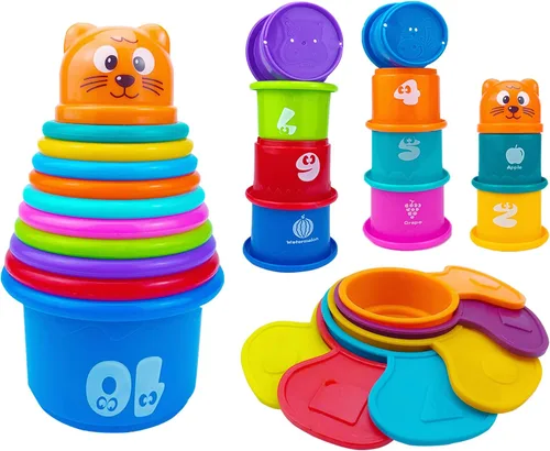 Juego de 17 tazas de anidación y apilamiento multicolor, juguetes de bañera para bebés, juguetes educativos de aprendizaje temprano para bebés,