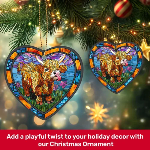 Miniatura 8 de 1 pieza Adorno de vaca de tierras altas de cerámica con 2 lados impresos 2025, Adorno de árbol de Navidad con forma de corazón, lindo recuerdo