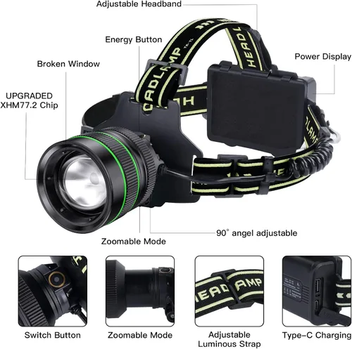 Miniatura 6 de Linterna frontal recargable LED súper brillante de 2000 lúmenes, lámpara de cabeza con zoom con 5 modos de iluminación, ajustable a 90° e