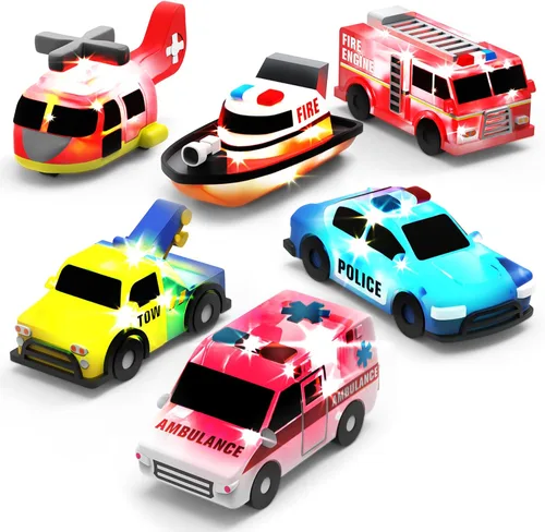 Tub Works® Emergency™ Cars - Juguetes de baño iluminados, paquete de 6 | Juguetes iluminados activados por agua parpadean y cambian de color |