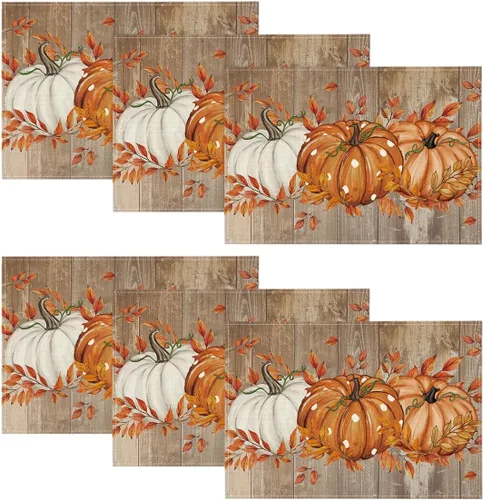 Miniatura 10 de Artoid Mode - Set de 2 manteles individuales de cuadros de búfalo con calabazas y hojas de eucalipto, manteles otoñales de 12x18 pulgadas para Azul