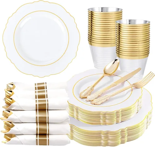 Liacere 175 piezas Platos de Plástico Dorados - Blancos y Dorados Desechables, 50 PIEZAS Platos de Plástico para Cena, Perfectos para Bodas y