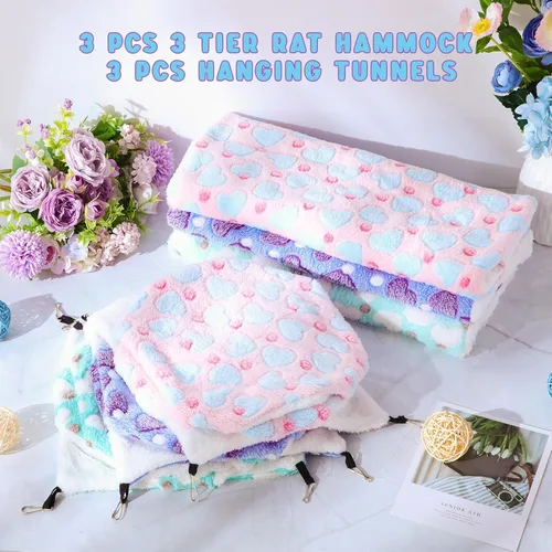 Miniatura 4 de Sweetude Juego de 6 hamacas para ratas, túnel colgante de hurón, hamacas de conejillo de indias de 3 niveles, cama de chinchilla suave para Lovely