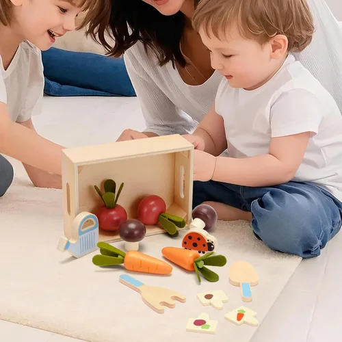 Miniatura 7 de Juguete de jardín de verduras de madera para niños pequeños de 3 años, juego de cosecha y clasificación con jardinera, juguete de aprendizaje motor