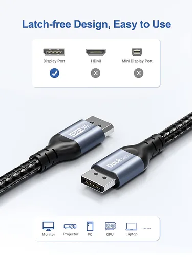 Miniatura 6 de Dockteck Cable DisplayPort de 3.3 pies/1M DP a DP 1.4 UHD (8K @60Hz, 4K @144Hz, HDR), compatible con HBR3 32.4Gbps HDCP, trenzado para TV, monitor