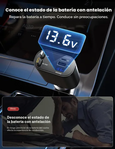 Miniatura 7 de SUPERONE - Cargador retráctil para automóvil 4 en 1, cargador de teléfono rápido para automóvil con cable de 2.6 pies, USB C y adaptador