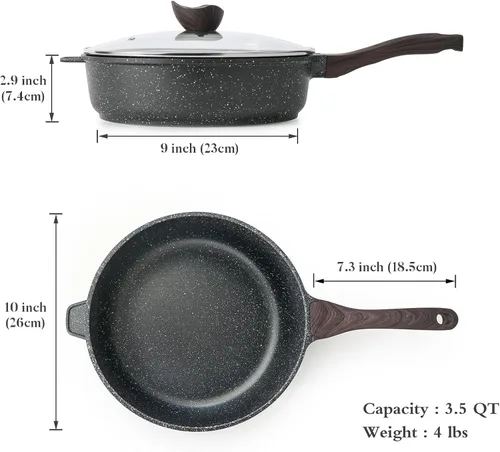 Miniatura 6 de Kordisen Sartén profunda antiadherente con tapa, sartén antiadherente de 10 pulgadas, sartén para saltear para cocinar, utensilios de cocina