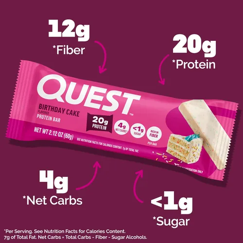 Miniatura 4 de Barras de proteínas Quest Nutrition Pastel de Cumpleaños, 20g de proteína, 1g de azúcar, 4g de carbohidratos netos, sin gluten, aptas para ceto, 12