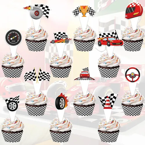 Miniatura 9 de 48 paquetes de toppers y envolturas de cupcakes de coche de carreras, decoración de pastel de fiesta de carreras con temática de carreras y cuadros