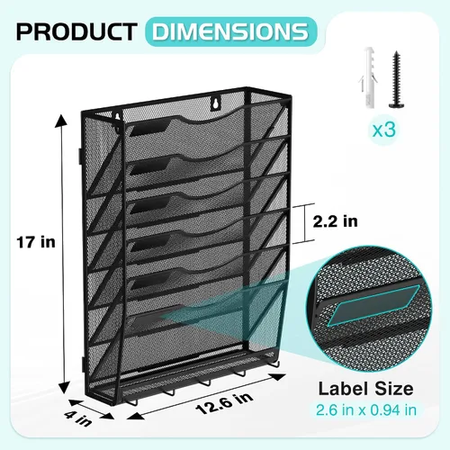 Miniatura 2 de Delifox Organizador de archivos de pared de 7 niveles, soporte para archivos de pared, organizador de carpetas de papel de montaje en pared