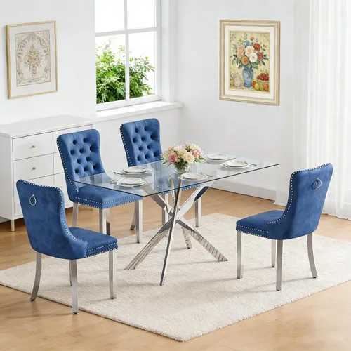 Miniatura 36 de Juego de 4 mesas de comedor de cristal para 4, juego de 4 mesas y sillas de cocina modernas, juego de mesa de comedor de cocina de 5 piezas con mesa