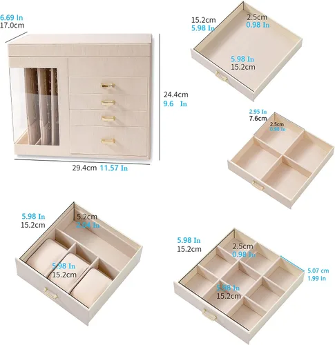 Miniatura 8 de GUKA Joyero organizador con espejo, caja de joyería de 5 capas con 4 cajones para collares, pulseras, reloj, anillos y aretes, almacenamiento grande
