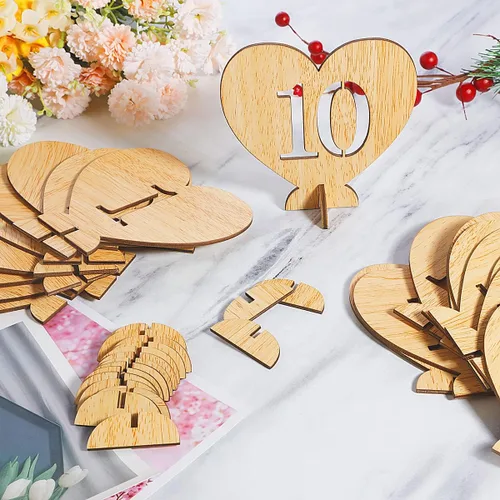 Miniatura 4 de Números de mesa de madera con forma de corazón del 1 al 20 con base de soporte, tarjetas de madera rústicas huecas para bodas, fiestas, decoración