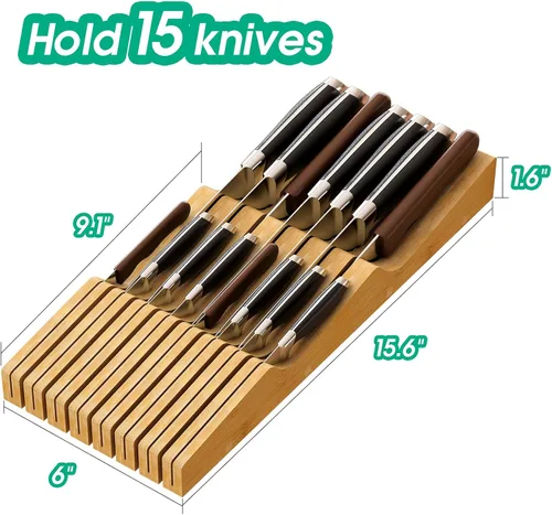 Miniatura 4 de Organizador de cajones de cuchillos grande, soporte para cuchillos de madera de bambú, bloque de cuchillos con capacidad para hasta 15 cuchillos
