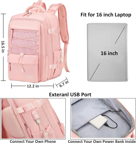 Miniatura 5 de AO ALI VICTORY Mochila de viaje para mujeres y hombres de 15.6 pulgadas para laptop, mochila de transporte, mochila grande para universidad, Rosa