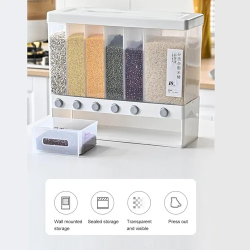 Miniatura 5 de Dispensador de arroz, dispensador de alimentos secos de 6 rejillas montado en la pared, recipientes grandes de almacenamiento de cereales secos