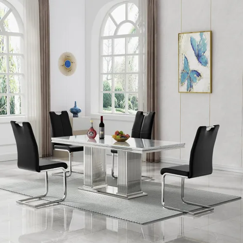 Miniatura 46 de 5 Piece Black Marble Dining Table Set for 4, Modern Faux Marble Kitchen Dining Room Tables with 4 Leather Chairs Set, 68.11" Luxury Rectangular