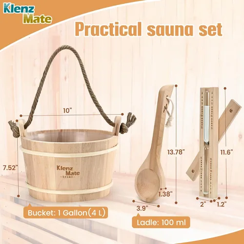 Miniatura 2 de Juego de 6 accesorios para sauna, juego de cubo y cucharón de madera para sauna, termómetro higrómetro, temporizador de reloj de arena para sauna