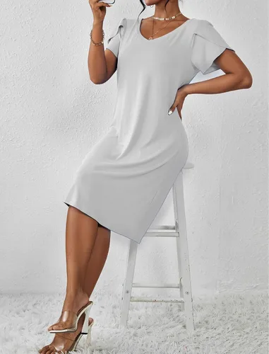Miniatura 7 de Ekouaer Camisón de manga corta para mujer, cuello en V, camisón de enfermería, mangas de pétalo, vestido de camiseta S-XXL