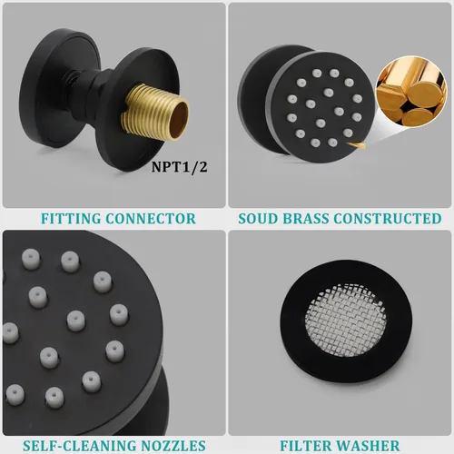 Miniatura 6 de HOMEDEC Cabezal de ducha redondo de latón de 2 pulgadas, para masaje, spa, soporte de pared, 4 piezas, negro mate
