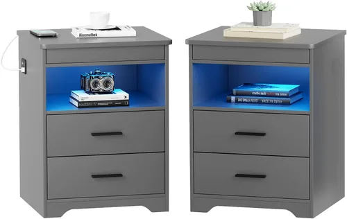 Miniatura 11 de Gurexl Juego de 2 mesitas de noche con estación de carga para dormitorio, mesa auxiliar con cajón secreto para armas, moderna mesa auxiliar LED