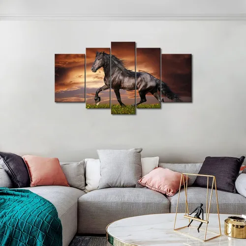 Miniatura 3 de Arte de pared de 5 paneles negro Friesian Running Horse Trot en el campo al atardecer, hierba y flores, cuadros impresos en lienzo, animales