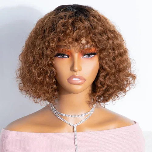 Miniatura 8 de JOEDIR HAIR Peluca corta y rizada con flequillo, peluca de cabello humano virgen brasileño de 12 pulgadas para mujeres negras, peluca Jerry Curl