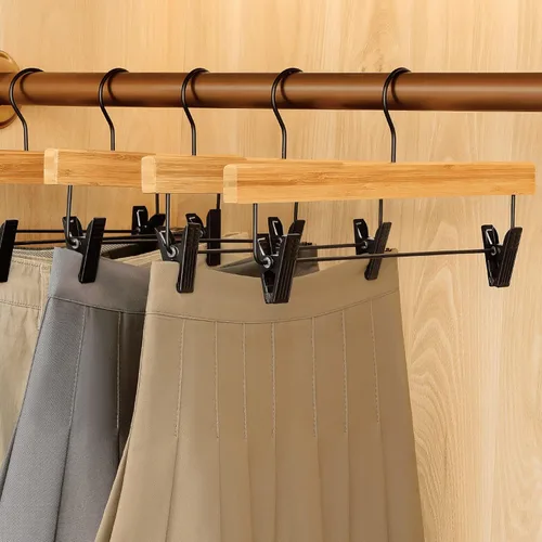 Miniatura 5 de TOPIA HANGER Perchas para pantalones, paquete de 10 perchas de bambú con clips negros y gancho giratorio, perchas duraderas de madera natural