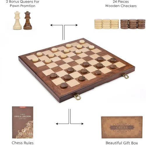 Miniatura 5 de AMEROUS Juego de ajedrez y damas de madera con piezas de ajedrez ponderadas mejoradas, juegos de mesa de ajedrez de 15 pulgadas (2 en 1) para niños