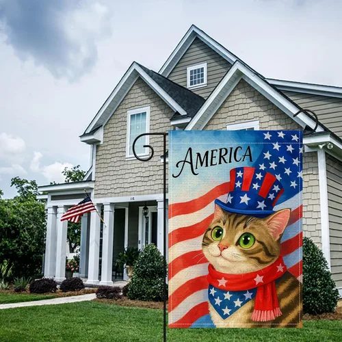 Miniatura 7 de HOMETITUTE Bandera de jardín de gato de 12 x 18 pulgadas, bandera de arpillera vertical de doble cara para patio, bandera patriótica de Estados