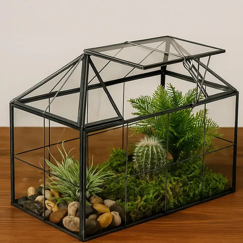 HighFree Maceta geométrica de terrario con tapa giratoria, caja de vidrio negra hecha a mano en forma de casa, terrario miniatura de mesa vintage,